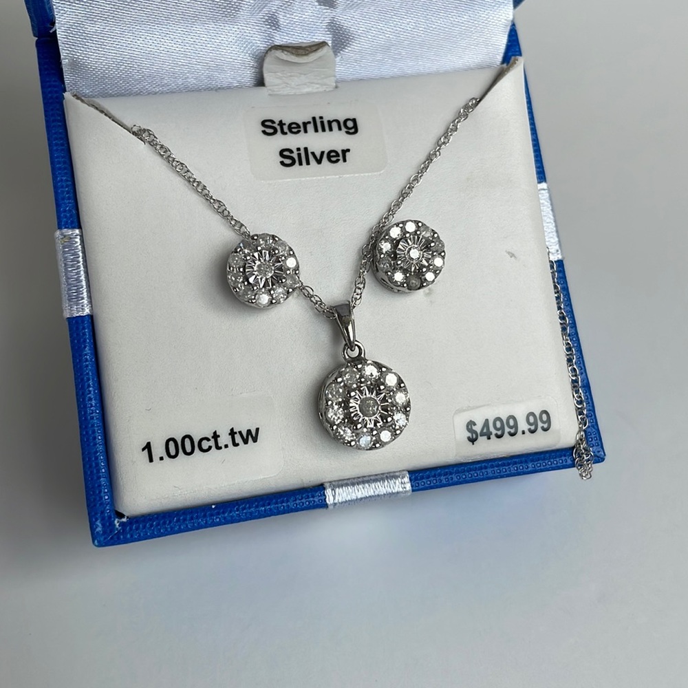 NWT 1ct.tw Diamond Sterling Silver Necklace/Earrings - Picture 2 of 15